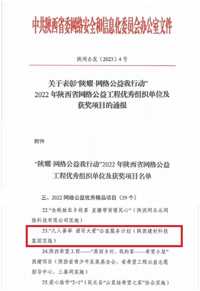 公益顯擔(dān)當 弘揚正能量——陜西建材科技公司榮登2022年陜西省網(wǎng)絡(luò)公益工程優(yōu)秀精品項目名單